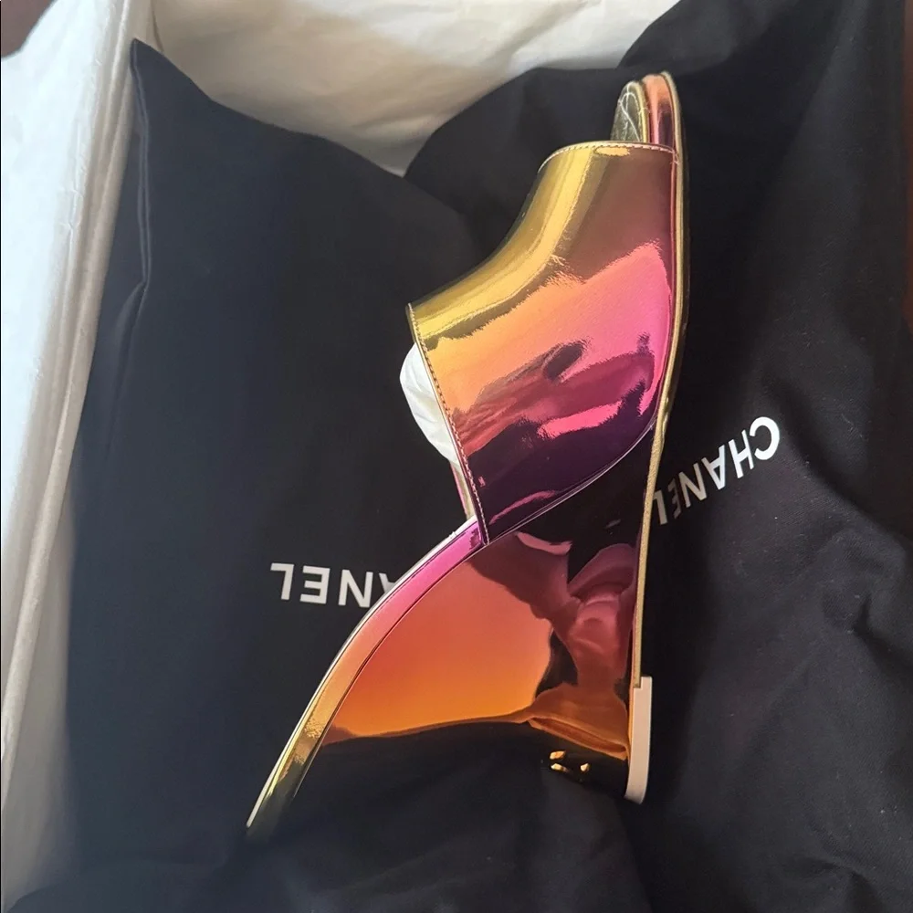 CHANEL Laminated Calfskin Wedge Mules 37.5 Pink Orange Yellow Multicolor CC logo